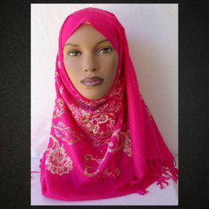 Hot Pink Embroidered Scarves Sequined Hijab 26 x 70 Shawl Shoulder Wrap